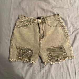 Size 6, Gray, High-waisted, Ripped Jean Shorts from Boohoo.
